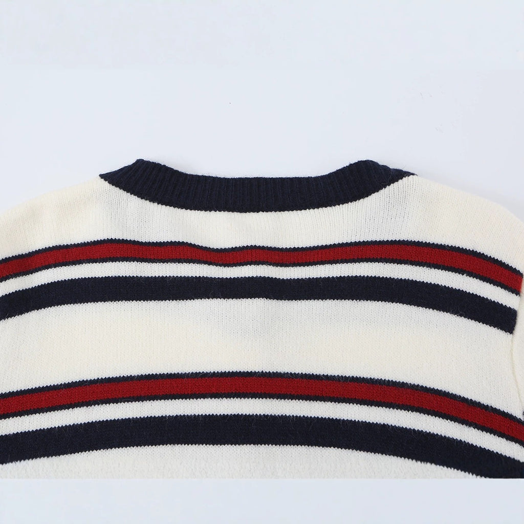 Ladies Striped Cardigan with Button Placket and Ribbed Hem Fashion Glam