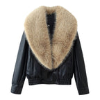 Women's Short-Cut Leather Bomber Jacket with Voluminous Removable Fur Collar Fashion Glam