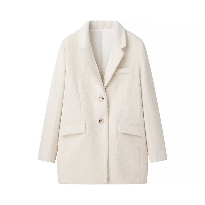 Ladies Longline Textured Blazer with Lapel Collar and Flap Pockets Fashion Glam