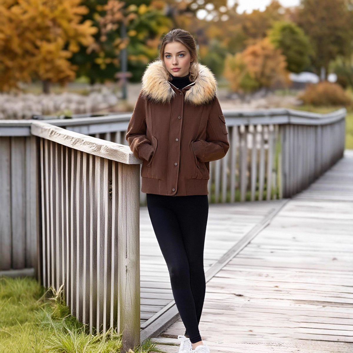 Women's Padded Bomber Jacket with Hood and Removable Faux Fur Collar Fashion Glam