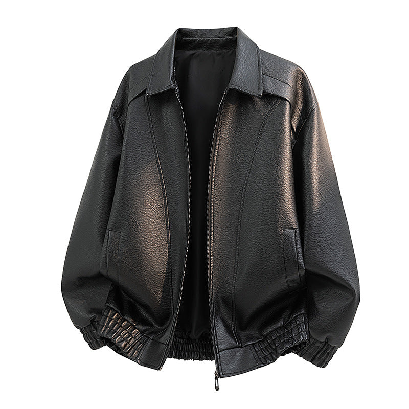 Men's leather bomber jacket in oversized style with elastic hem and zipper Fashion Glam