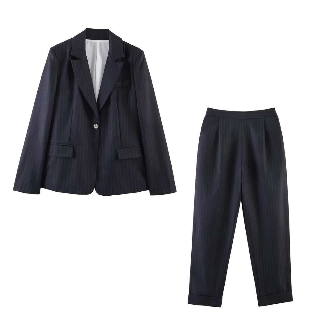 Women's pinstripe long blazer with a slightly oversized fit and decorative single-button closure