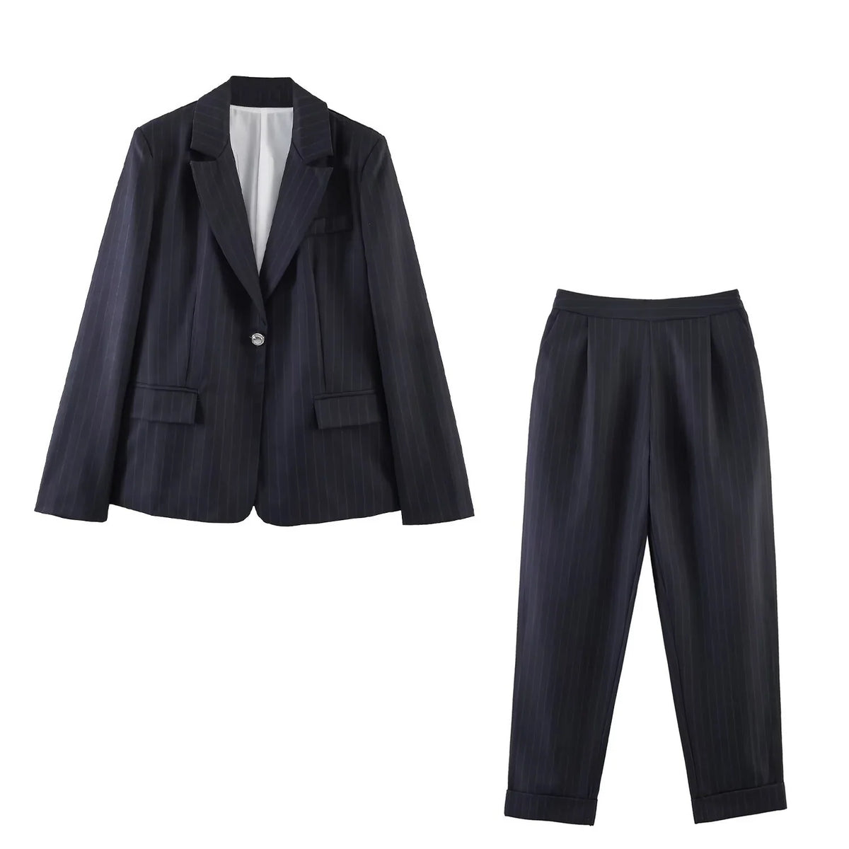 Women's pinstripe long blazer with a slightly oversized fit and decorative single-button closure