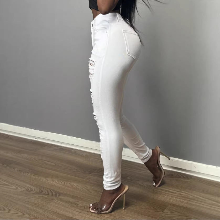 Women's High-Waisted Skinny Jeans with Asymmetrical Destruction Look and Shaping Waistband Fashion Glam