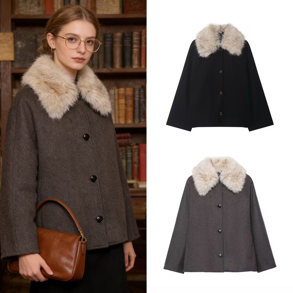 Women's wool cape with removable faux fur collar and concealed button placket Fashion Glam