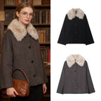 Women's wool cape with removable faux fur collar and concealed button placket Fashion Glam