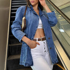 Ladies Longline Denim Jacket with casual oversized cut and patch pockets Fashion Glam