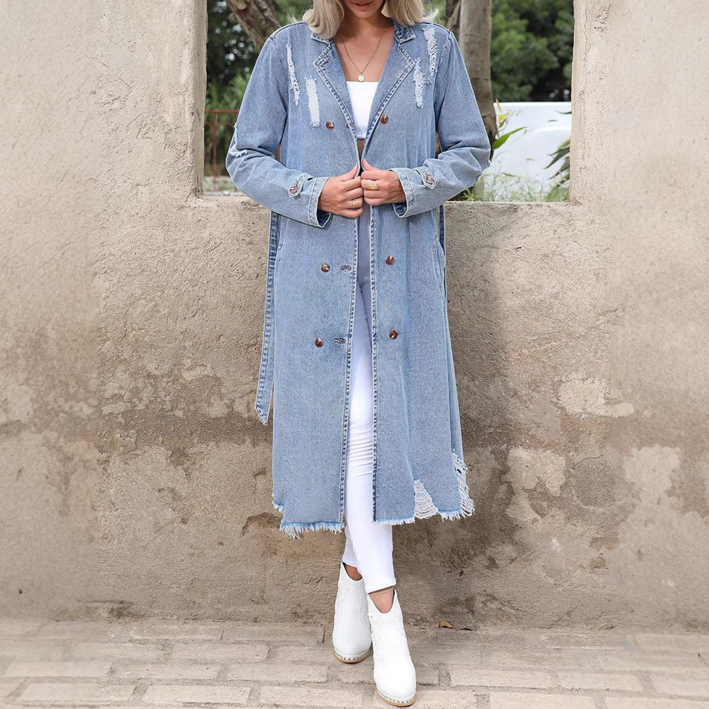 Women's Long Denim Trench Coat with Distressed Hem and Double-Breasted Button Placket Fashion Glam