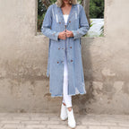 Women's Long Denim Trench Coat with Distressed Hem and Double-Breasted Button Placket Fashion Glam