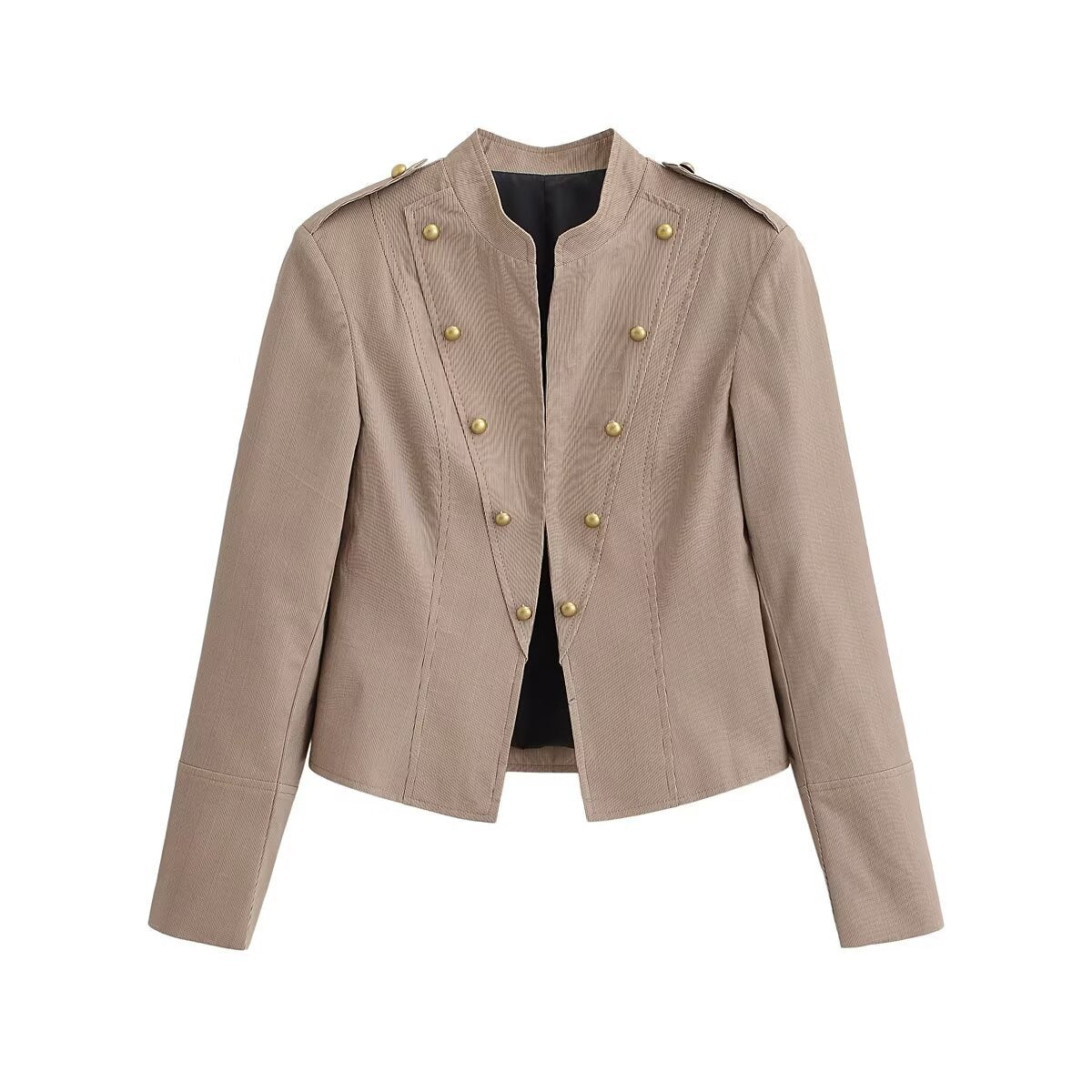 Women's military-inspired fitted short jacket with stand-up collar and decorative button placket Fashion Glam