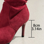 Ladies Ruched Knee-high Velour Boots with Pointed Toe and Sleek Stiletto Heel Fashion Glam