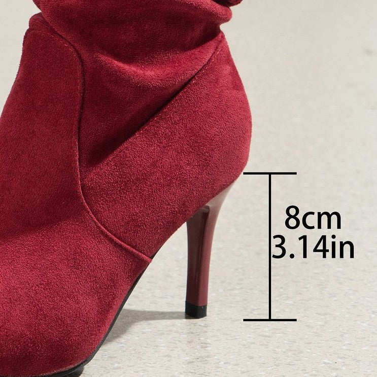 Ladies Ruched Knee-high Velour Boots with Pointed Toe and Sleek Stiletto Heel Fashion Glam