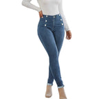 Women's High-waisted, figure-shaping Skinny Jeans with double decorative button placket Fashion Glam
