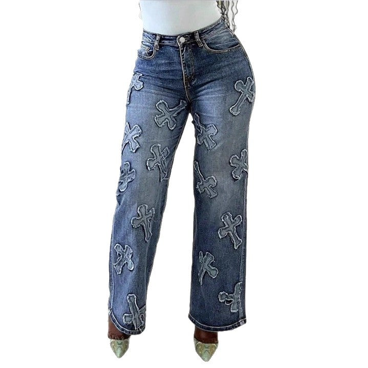 Women High-Waisted Straight-Leg Jeans with Fringed Cross Applications Fashion Glam