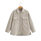 Women's Oversize Wool Blend Shirt Jacket with Snap Button Closure and Applied Flap Pockets Fashion Glam