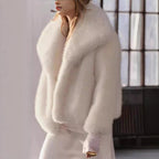 Women Cropped Faux Fur Jacket with XXL Lapel and Dense Long Pile Fashion Glam