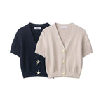 Women's Short-Sleeved Textured Knit Cardigan with V-Neck and Starfish Buttons Fashion Glam
