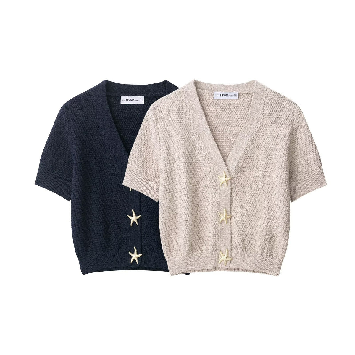 Women's Short-Sleeved Textured Knit Cardigan with V-Neck and Starfish Buttons Fashion Glam