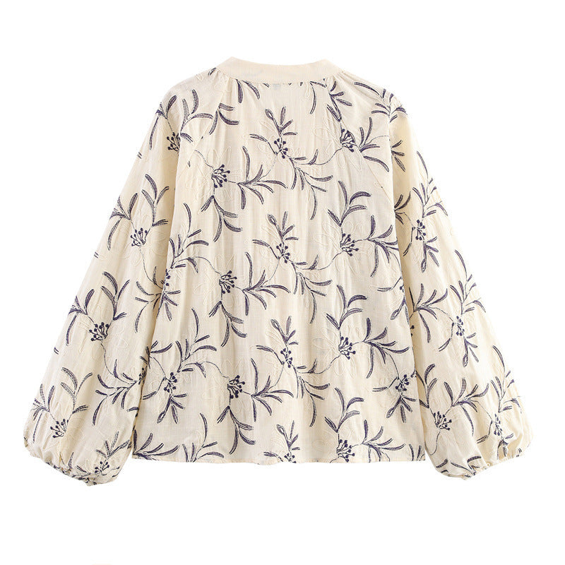 Women's Lightweight Embroidered Blouse Top with Balloon Sleeves and Tie Slit Fashion Glam