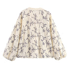 Women's Lightweight Embroidered Blouse Top with Balloon Sleeves and Tie Slit Fashion Glam