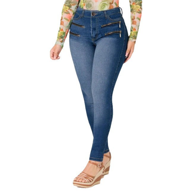 Women's High-Waisted Slim-Fit Jeans with Decorative Front Zippers Fashion Glam