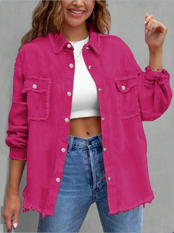 Women's Oversized Denim Utility Jacket with Frayed Edges and Flap Pockets Fashion Glam
