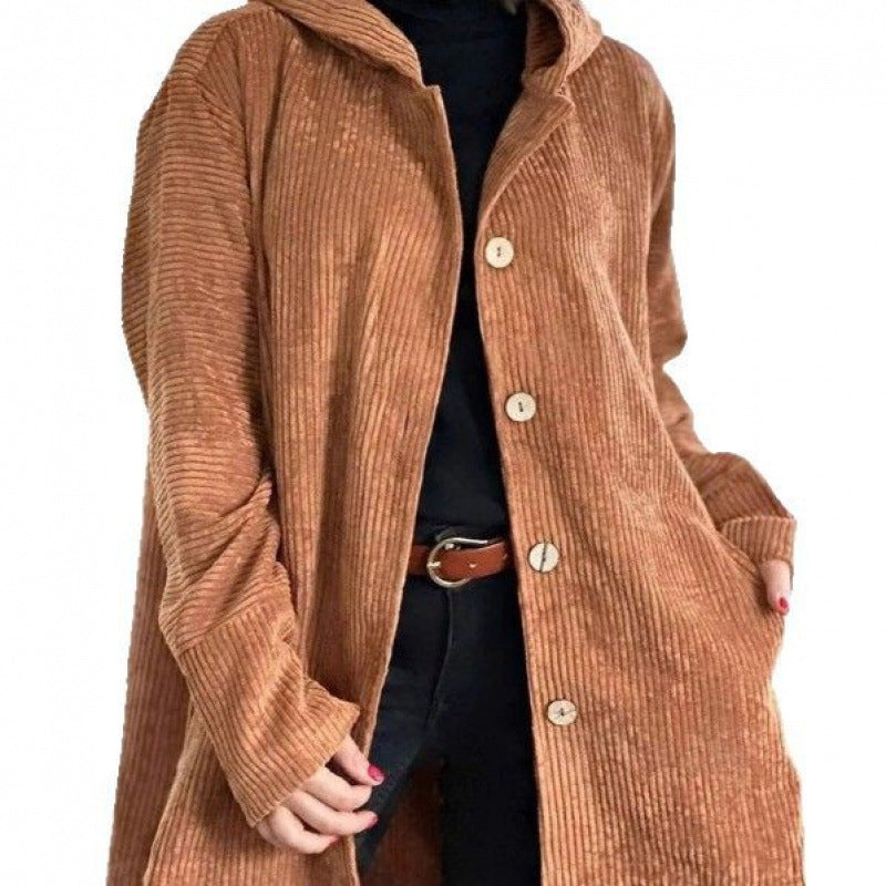 Women's Long Hooded Knitted Cardigan with Ribbed Texture, Button Placket and Side Pockets Fashion Glam