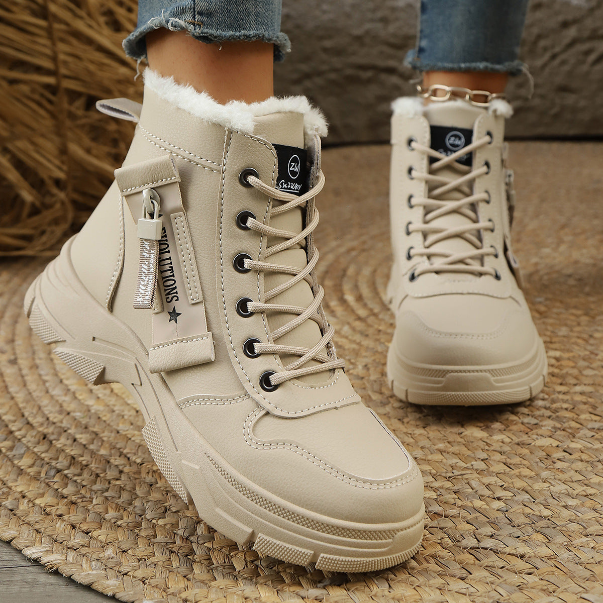 Ladies Lined Lace-Up Ankle Boot with Thick Tread Sole and Side Zip Fashion Glam