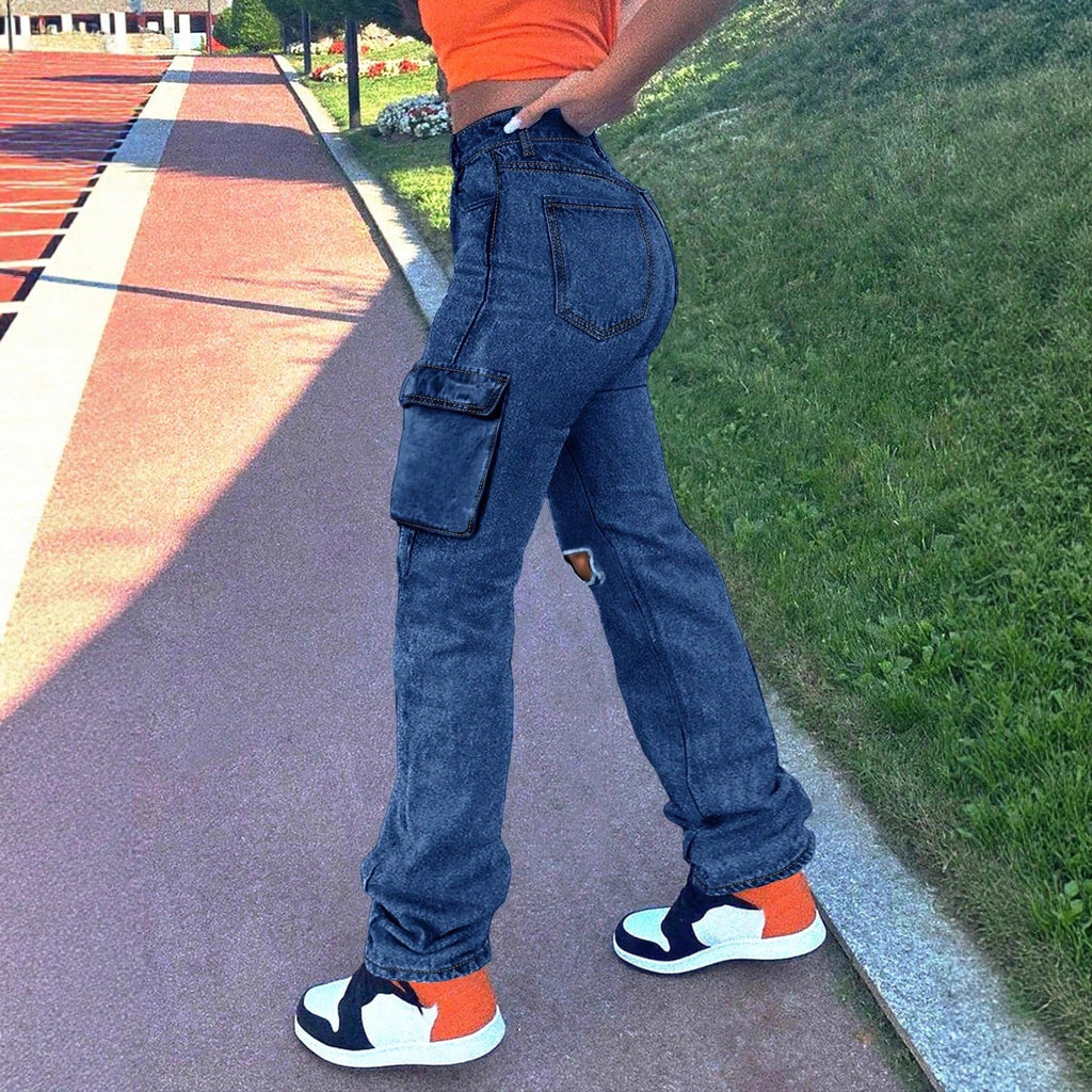Ladies High-Waist Cargo Jeans with straight leg, knee rips and side flap pocket Fashion Glam