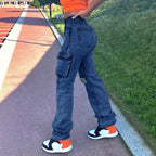 Ladies High-Waist Cargo Jeans with straight leg, knee rips and side flap pocket Fashion Glam