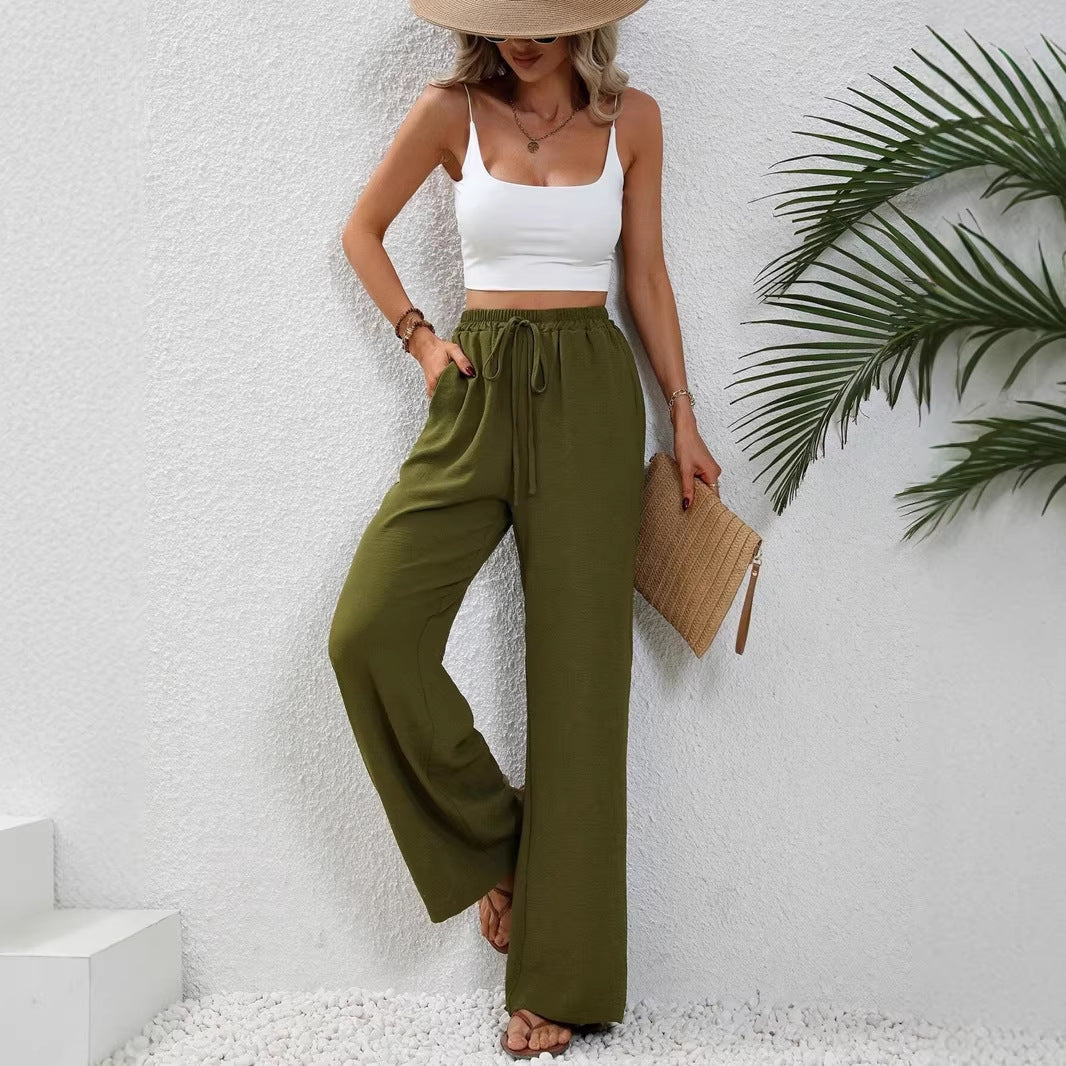 Women's Light Palazzo Pants with Elastic Waistband, Drawstring, and Side Pockets Fashion Glam