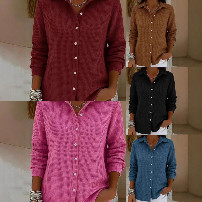 Women's Structured Shirt Blouse in Waffle Knit with Classic Collar and Continuous Button Placket Fashion Glam