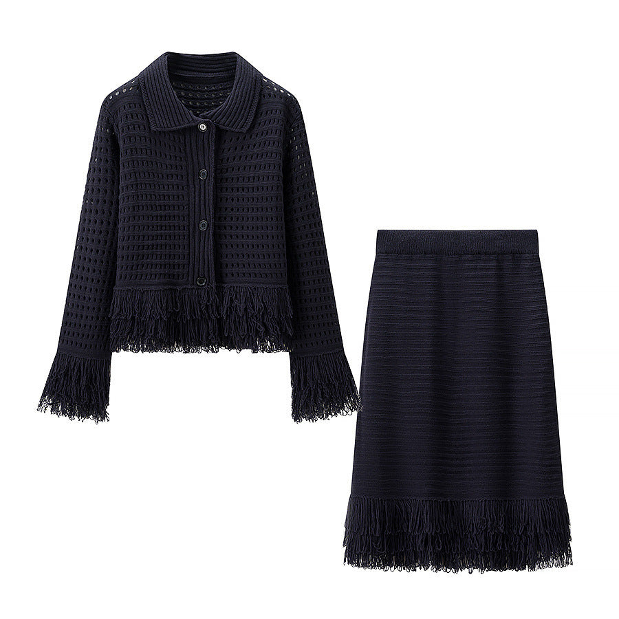 Women Structured Knit Jacket with Fringe Trim and Waist Peplum Fashion Glam