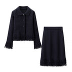 Women Structured Knit Jacket with Fringe Trim and Waist Peplum Fashion Glam