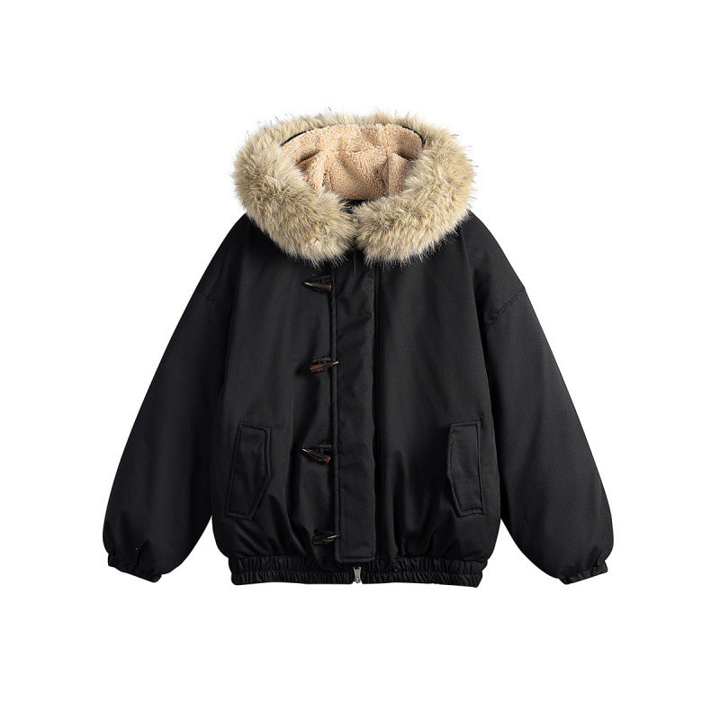 Unisex Padded Hooded Jacket in Boxy Cut with Teddy Lining, Faux Fur Collar and Toggle Closures Fashion Glam