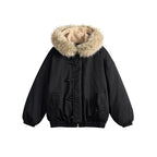 Unisex Padded Hooded Jacket in Boxy Cut with Teddy Lining, Faux Fur Collar and Toggle Closures Fashion Glam