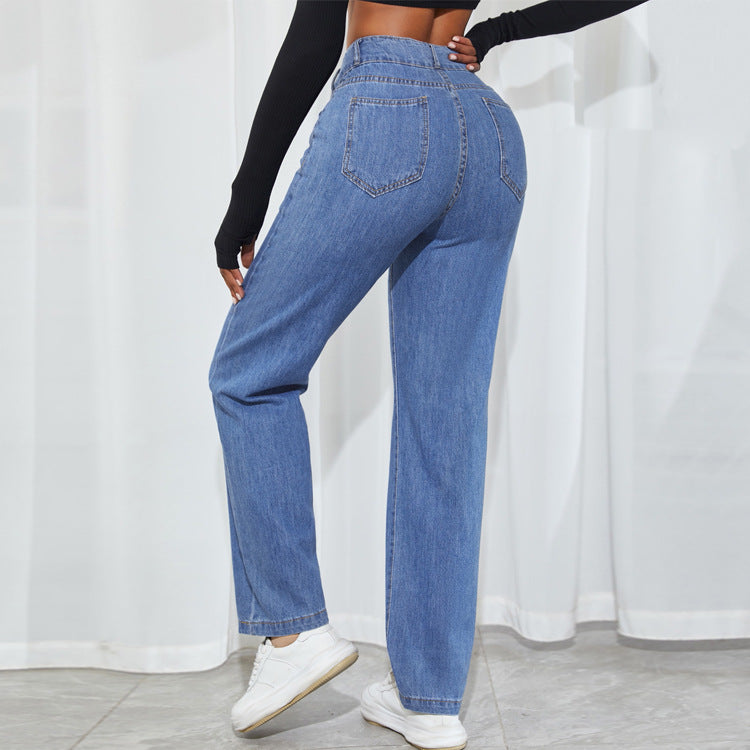 Women's high-waisted straight-cut jeans with V-shaped waistband and wide leg Fashion Glam
