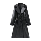 Women's Long Shiny Trench Coat Transition Jacket in Leather Look with Waist Belt Fashion Glam
