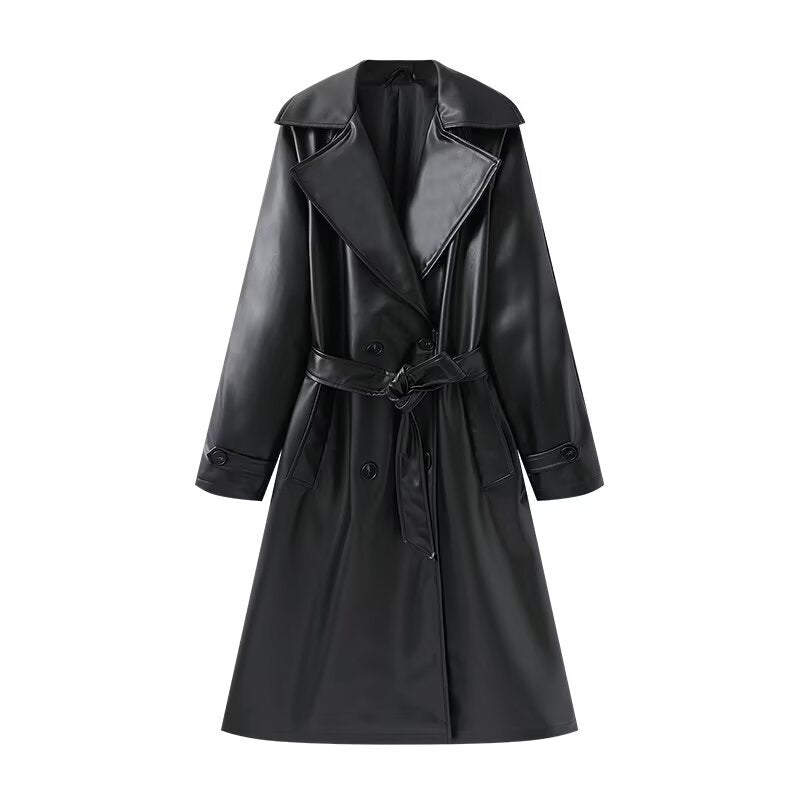 Women's Long Shiny Trench Coat Transition Jacket in Leather Look with Waist Belt Fashion Glam
