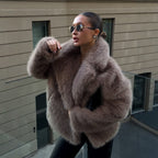 Ladies luxurious short faux fur jacket with wide shawl collar Fashion Glam