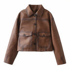 Women's Short Oversized Faux Leather Jacket with Shirt Collar and Flap Pockets Fashion Glam