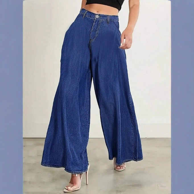 Women Extra Wide High-Waist Denim Palazzo Pants with Flowing A-Line Fall Fashion Glam