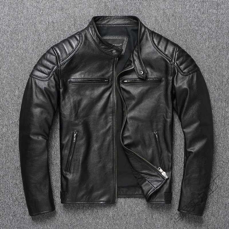 Men's leather jacket in vintage biker style with chest pockets and zipper Fashion Glam