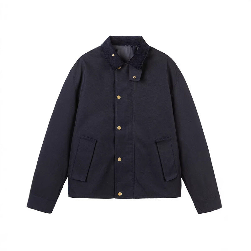 Men's Short Boxy Work Jacket made of sturdy canvas with cord collar and concealed snap button placket Fashion Glam