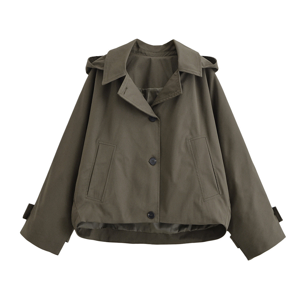 Ladies short trench coat in boxy cut with notch collar and piped patch pockets Fashion Glam