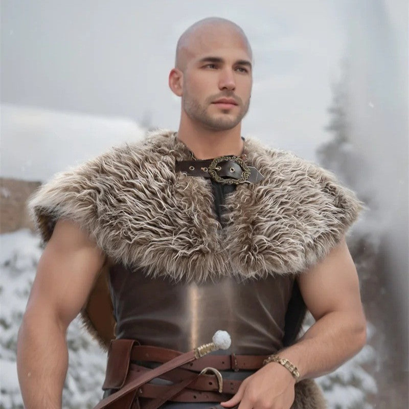 Men's short shoulder cape made of faux fur with adjustable leather strap and decorative clasp Fashion Glam
