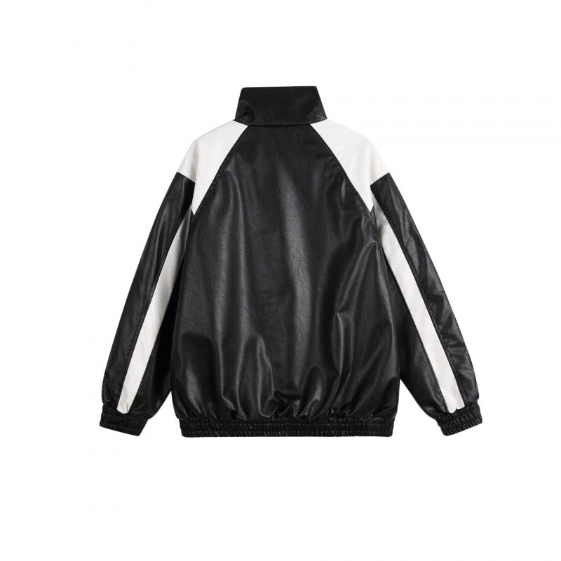 Unisex Retro-inspired Faux Leather Bomber Jacket with Stand-up Collar, Contrast Stripes and Letter Patch Fashion Glam