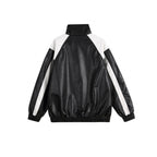 Unisex Retro-inspired Faux Leather Bomber Jacket with Stand-up Collar, Contrast Stripes and Letter Patch Fashion Glam