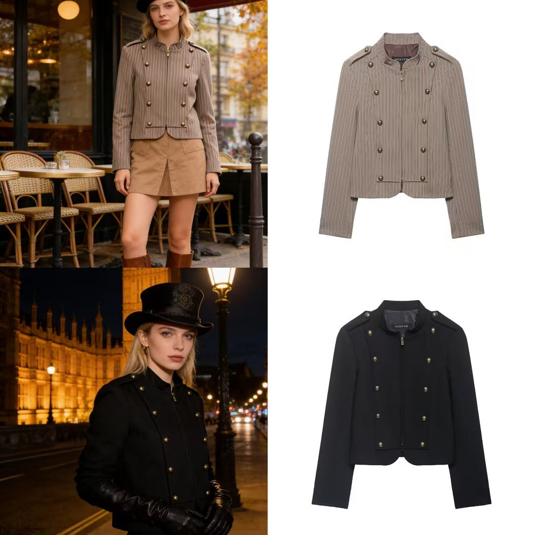 Women's short blazer in military style with stand-up collar and decorative buttons Fashion Glam