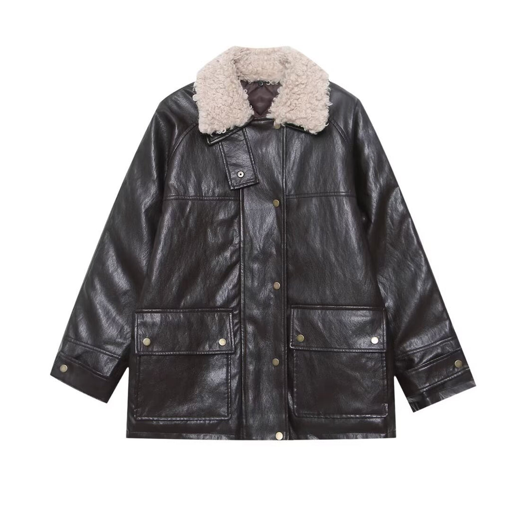 Women's Oversized Faux Leather Field Jacket with Detachable Teddy Collar and Flap Pockets Fashion Glam